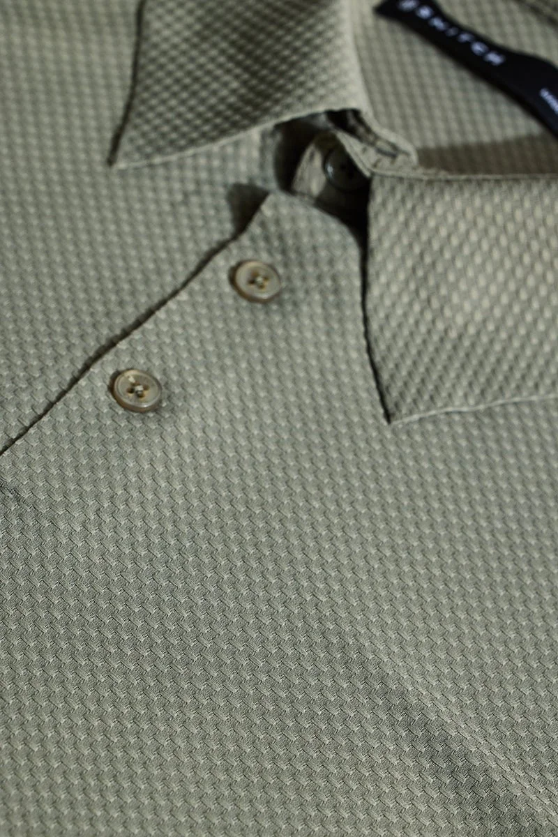 SNITCH Sage Green Textured Polo Slim Fit T-Shirt